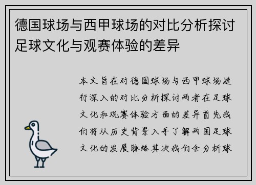 德国球场与西甲球场的对比分析探讨足球文化与观赛体验的差异